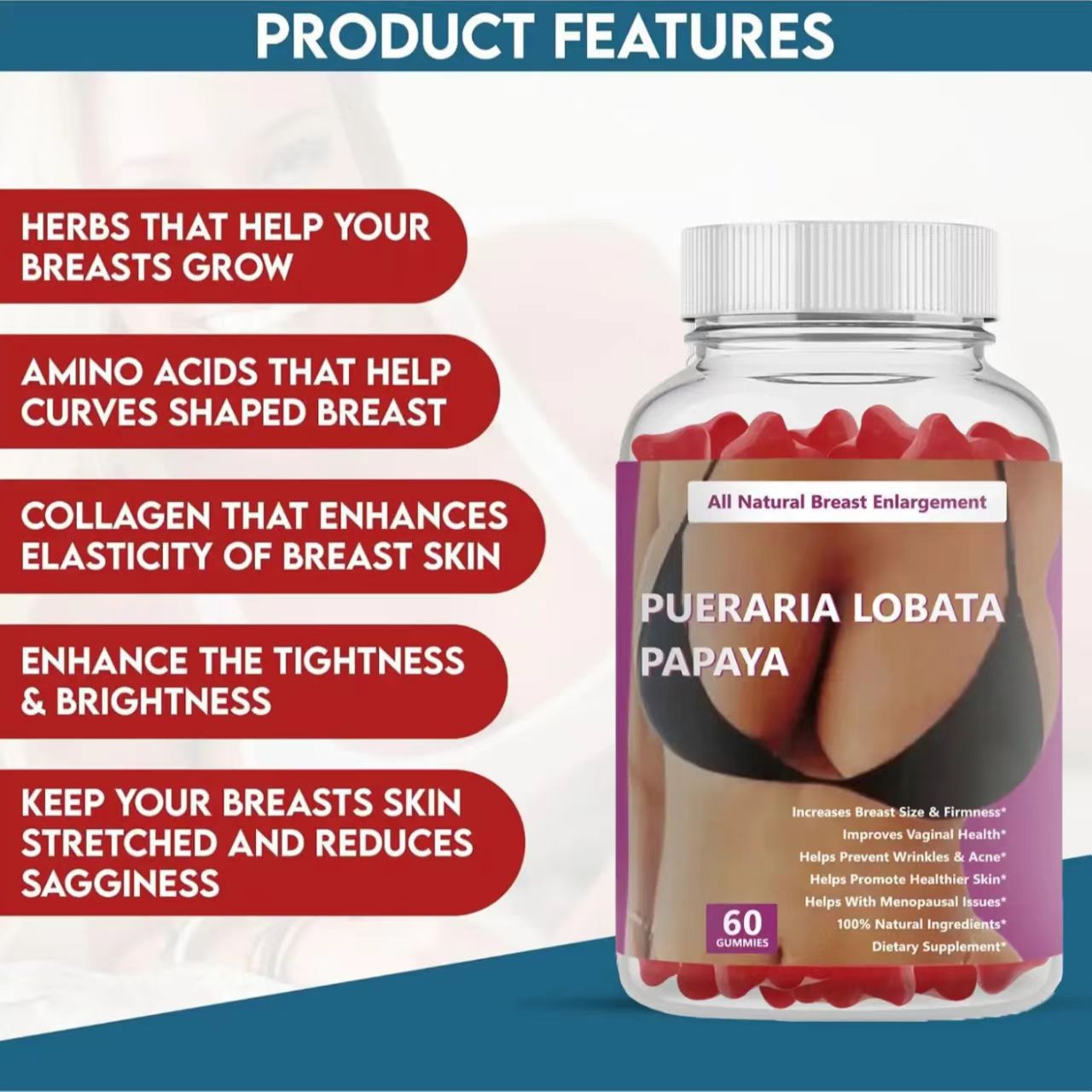 Kudzu and Papaya Soft Candy for Women's Breast Enhancement, Natural Breast Enlargement and Shaping, 60 Pills